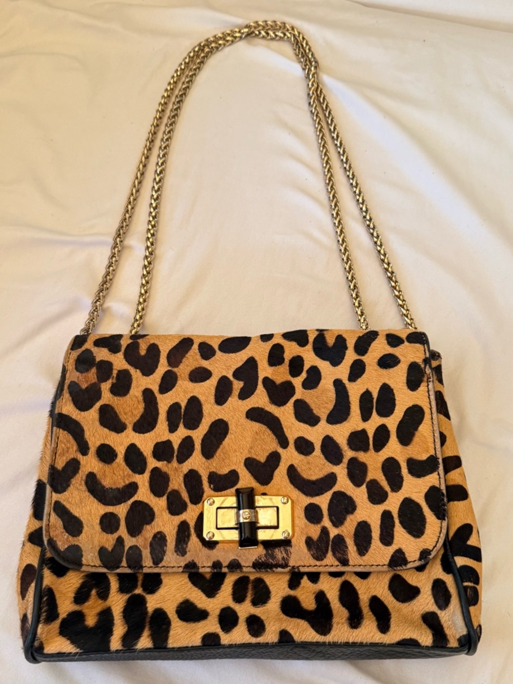 Leopard Print Chain Shoulder Bag - Tan & Black